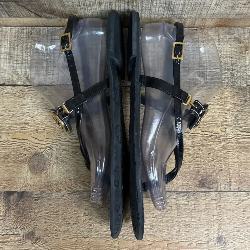 Tory Burch Ali Slingback Black Patent Leather Sandals Gold Metal Logo Size 8